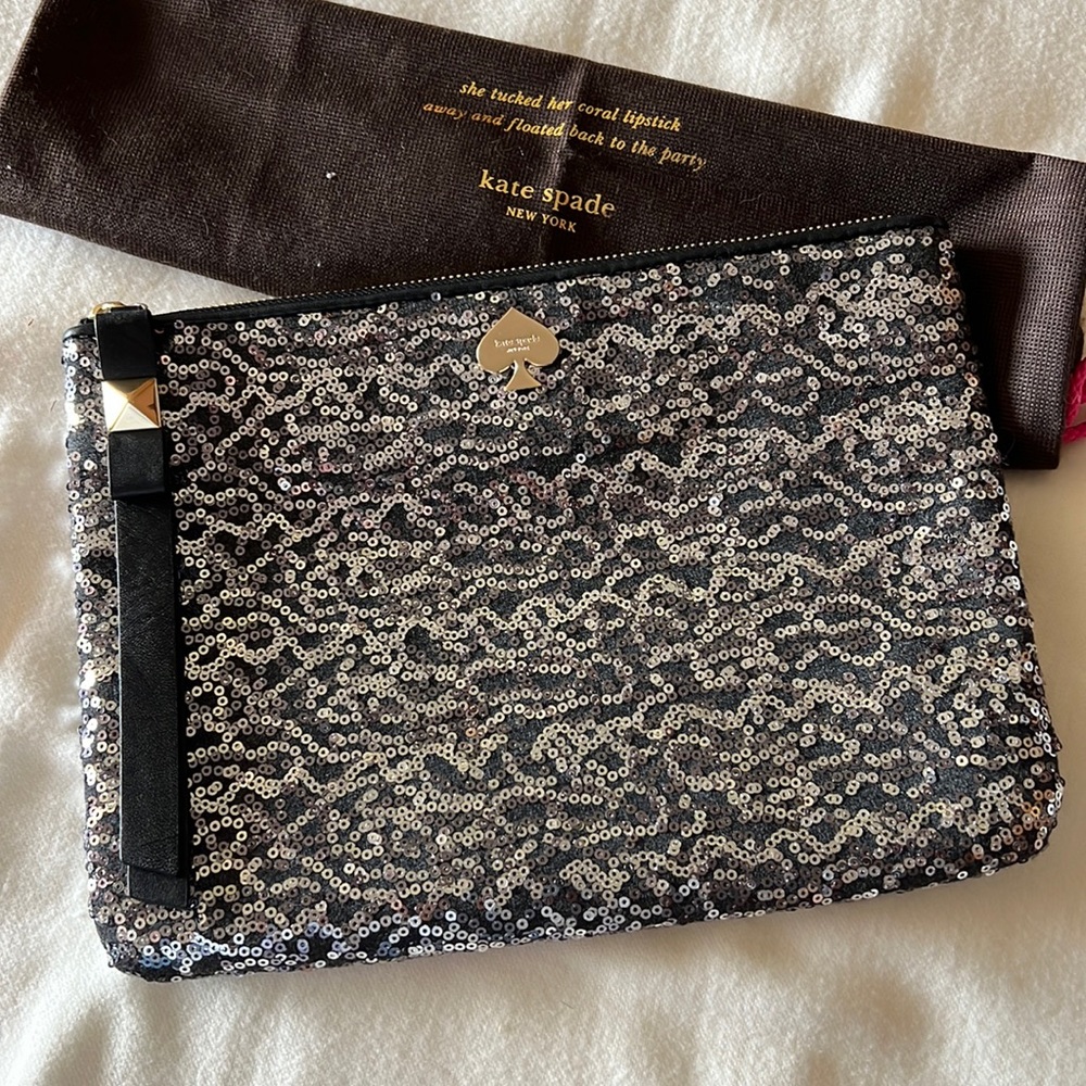 Kate Spade Sequin Clutch - Silver Sequins, Black Leather Trim